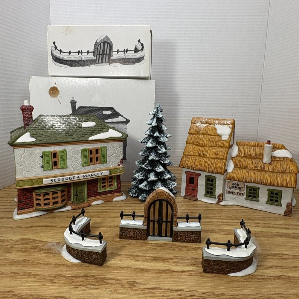 Lot Dept 56 Dickens Cottage Bob Cratchit, Scrooge & Marley + Gate Fence + Tree